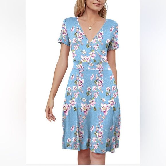 DB MOON Women Casual Short Sleeve Dresses Empire Waist Dress Pockets NWT Large - Picture 2 of 14